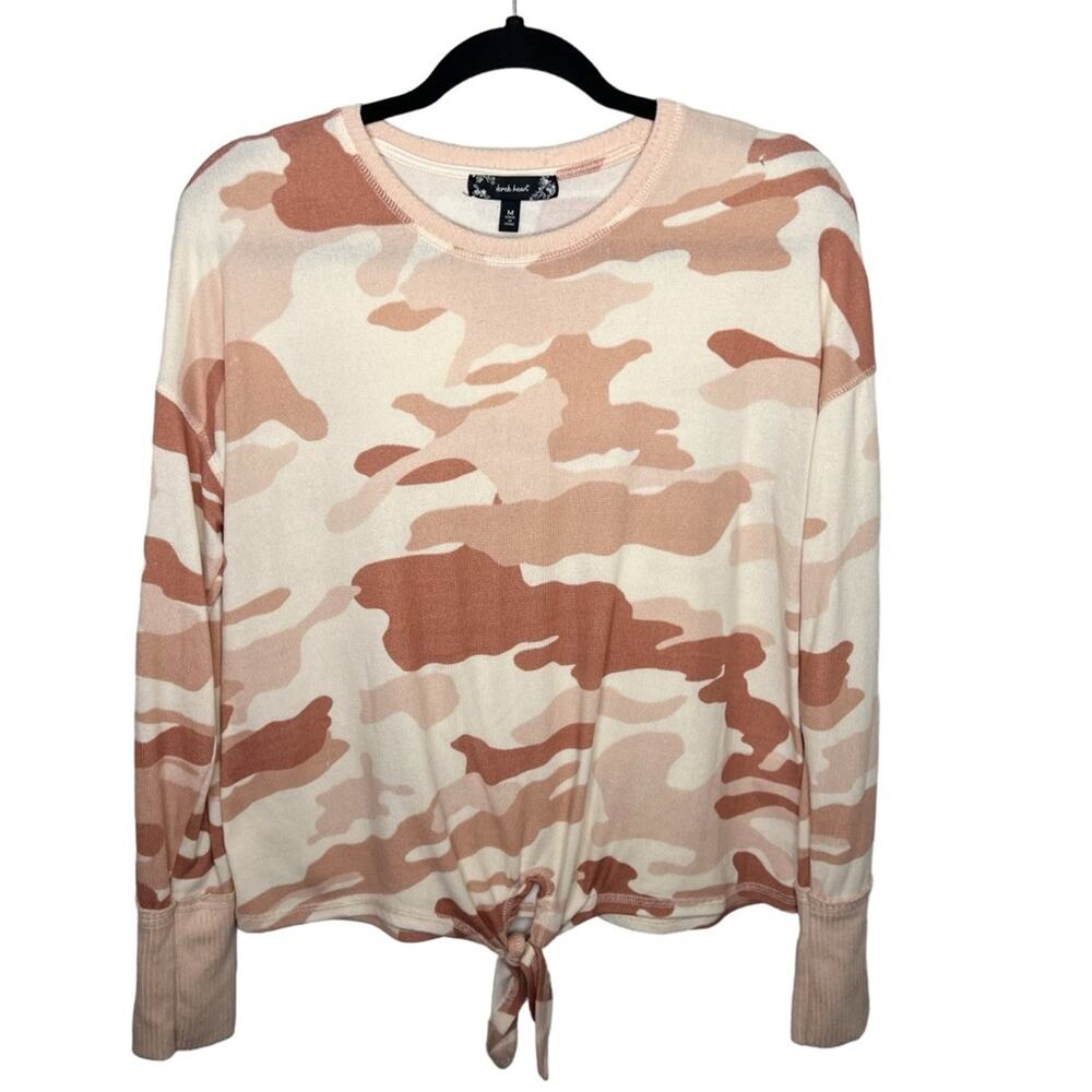 DEREK HEART / tan peach camp print tie front pullover top / M